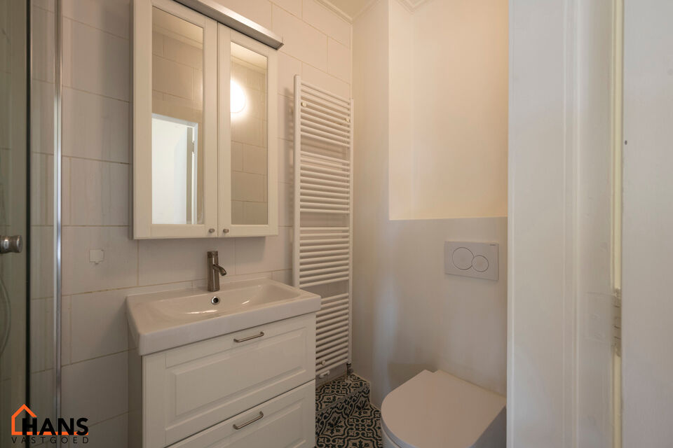 Knus, gerenoveerd appartement op de 2de verdieping met lift.
Inkomhal; lichtrijke leefruimte met open keuken met kasten; kookplaat, dampkap, koelkast en spoelbak; badkamer met lavabo in meubel, spiegelkast, douche, toilet en  handdoekdroger; hoofdslaapkam