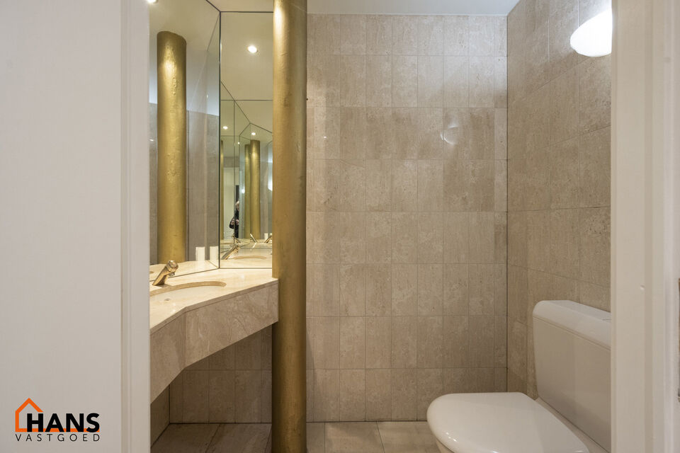 Inkomhal met vestiairekast; apart toilet met wastafel; riante, lichtrijke woonkamer van 80m² op een houten vloer met ingemaakte kasten; ruime keuken, volledig ingericht met kasten, lades en alle toestellen (gasfornuis, dampkap, vaatwasser, combi-oven, ko